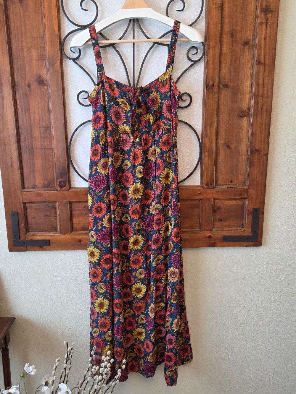 Natural Life Patti Tie Front Dress Size S Maxi Sunflower Floral Slits Boho NEW - Picture 2 of 12